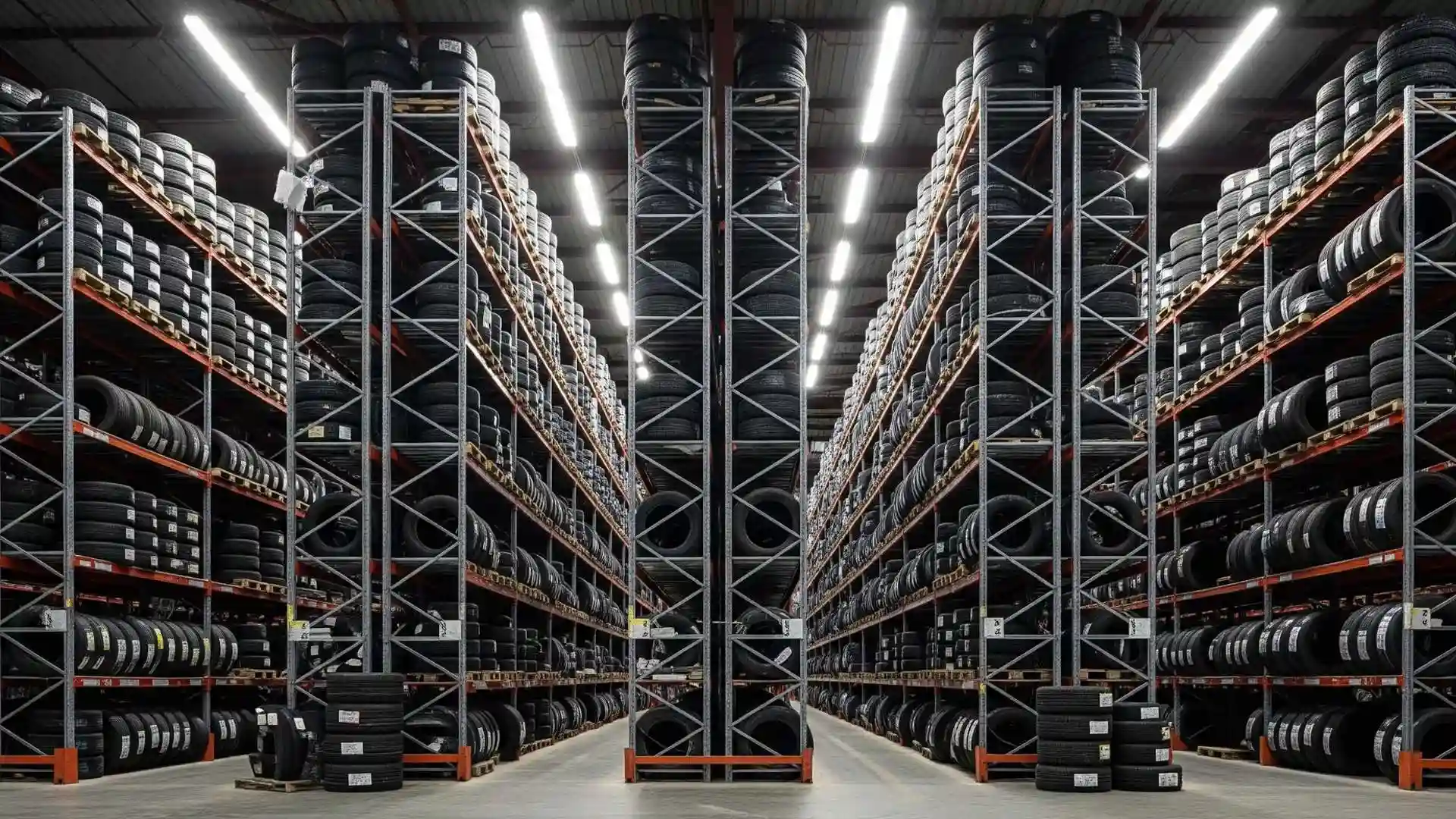 Officina di un gommista con pneumatici pronti per il montaggio